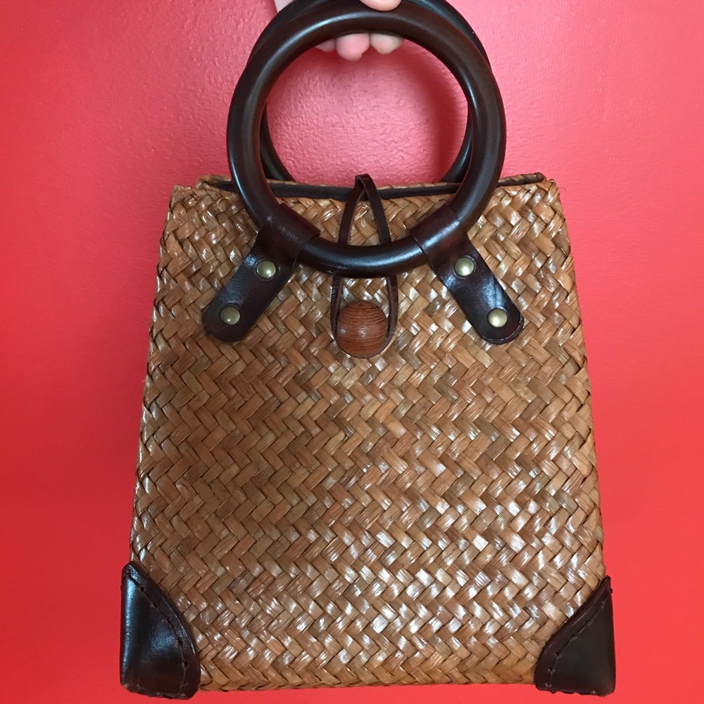 Brown Woven Satchel with Dark Brown Accents